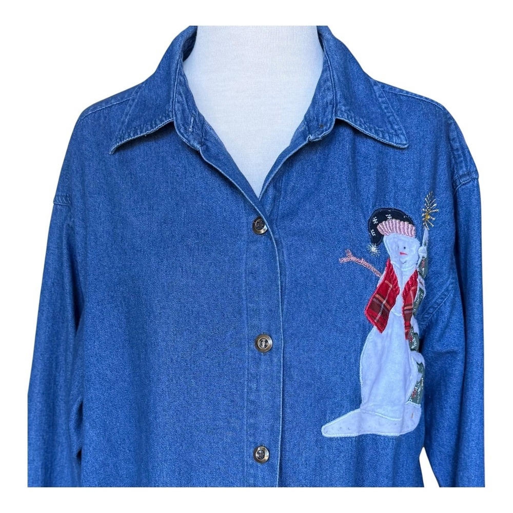 Natural Impressions Large Blue Denim Embroidered Snowman Long Sleeve Shirt VTG